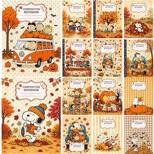 May include: A collection of composition notebooks featuring Peanuts characters in various autumn scenes. Each cover displays fall foliage, pumpkins, and Snoopy in seasonal settings with the text COMPOSITION NOTEBOOK printed on a white label.