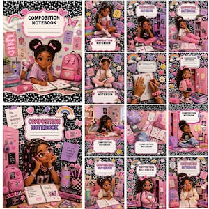 May include: A collection of composition notebooks featuring illustrations of a young person with dark hair in pigtails, school supplies, pink backpacks, lockers, rainbows, and stars. The covers include labels with the text Composition Notebook.