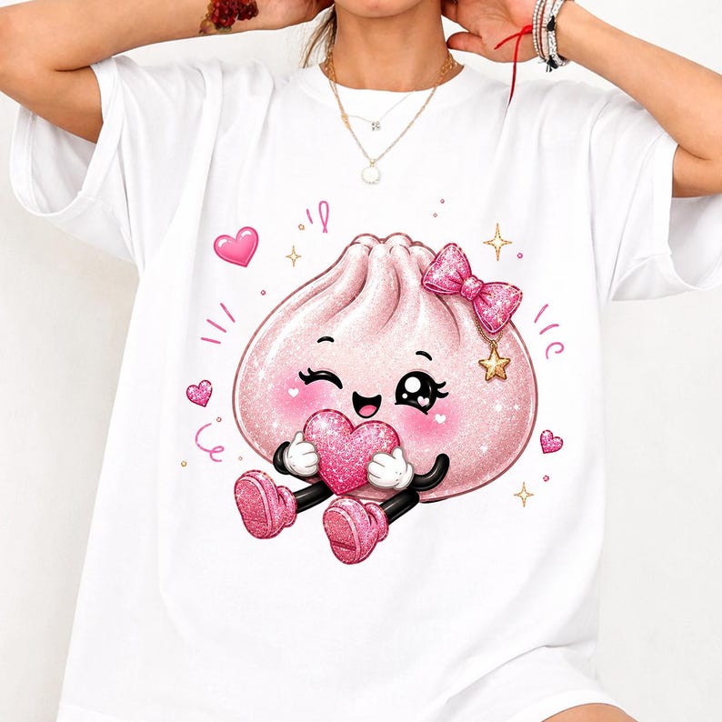 May include: A white short-sleeve t-shirt featuring a graphic of a pink, glittery, cartoon-style dumpling character with a winking face, wearing a pink bow, and holding a pink heart, surrounded by small pink hearts and gold star accents.