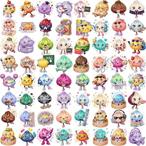 May include: A collection of sixty-four colorful, cartoon-style dumpling characters engaged in various school-related activities. Each character features expressive faces, limbs, and accessories like books, pencils, backpacks, and glasses, rendered in a vibrant palette.