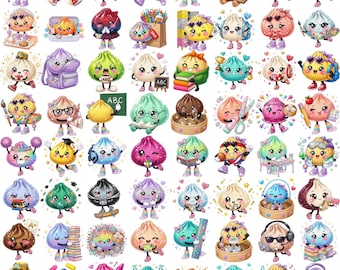 65+Glitter Back to School Dumpling Clipart PNG Bundle, Cute Kawaii School Dumpling Clip Art, Sparkly Student Characters, Digital Download