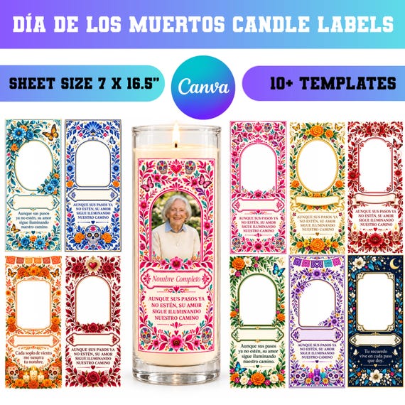 10 Dia de los Muertos Candle Canva Template, Tall Cylinder Candle Wraps, Ofrenda Memorial Candle Labels, Day of Dead Printable Stickers
