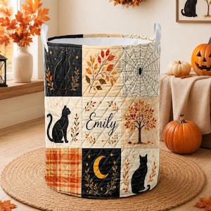 Custom Quilted Laundry Basket: Halloween Cat Patchwork Spiderweb Autumn Storage Hamper