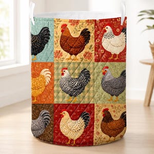 May include: A cylindrical fabric laundry hamper featuring a quilted texture and a grid pattern of nine squares. Each square displays a different chicken breed in various colors including black, brown, white, and gray, set against floral and checkered backgrounds.