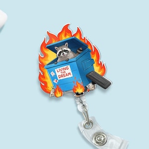 Funny Raccoon Badge Reel, Dumpster Fire ID Holder, Retractable Badge Clip, Cute Chaos Accessory, Work Humor Badge Reel