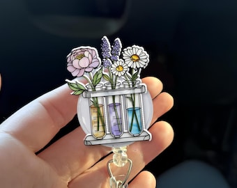 Badgehaspel met bloemen reageerbuisje – leuke houder voor wetenschappelijke identiteitskaart