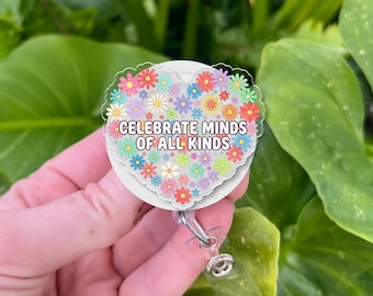 Neurodiversity-badgehaspel: Celebrate Minds-citaat, bloemenhartontwerp