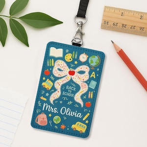 Back to School Teacher Badge, Custom ID Holder with Name, Cute Bow and Apple Design, Personalized Lanyard Tag for Teachers
