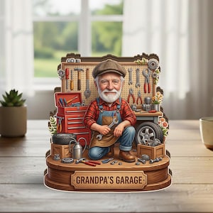 Personalized Wood Workshop Sign: Custom photo Grandpa's Garage Desk Plaque