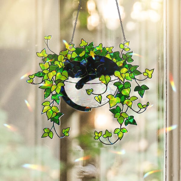 Black Cat Sleeping in Ivy Hologram Acrylic Ornament