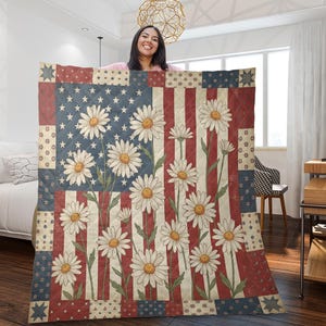 Quilt Blanket: American Flag Daisy Patchwork Throw, Patriotic Floral Bed Cover