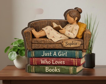 Personalized Wooden Figurine Block: Girl Reading on Book Stack Shelf Decor