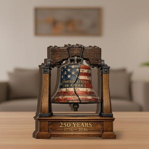 May include: A decorative bell sculpture featuring a distressed American flag pattern and a prominent vertical crack. The bell is suspended from a wooden frame on a base with the text UNITED STATES OF AMERICA and 250 YEARS 1776-2026 engraved.