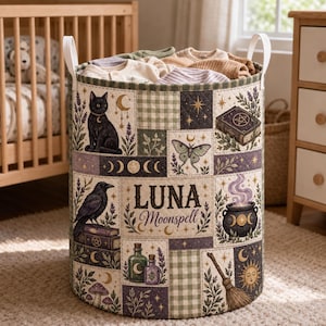 Personalized Quilt Basket: Witchy Storage with Black Cat, Celestial Patchwork Print and Handles