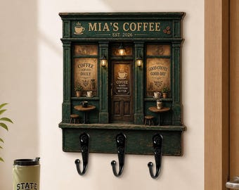 Może przedstawiać: Ciemnozielony ścienny wieszak na klucze zaprojektowany jako witryna sklepowa z napisem MIA'S COFFEE EST. 2026, COFFEE SERVED DAILY, COFFEE MAKES EVERYTHING BETTER oraz GOOD COFFEE GOOD DAY. Posiada trzy czarne metalowe haczyki i małe lampki.