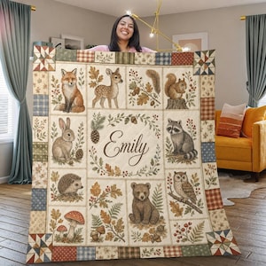 Couverture matelassée personnalisée : Patchwork Animaux de la forêt d'automne, linge de lit champêtre botanique