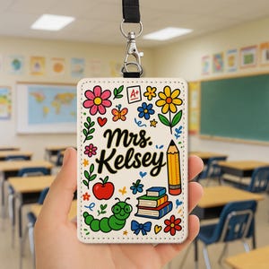 Porta badge in pelle per insegnanti personalizzato, tesserino identificativo floreale personalizzato, grazioso cordino per la classe, targhetta identificativa per il ritorno a scuola per educatori