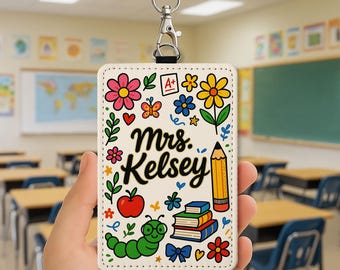Personalized Floral Leather Teacher Badge Holder: Custom Engraved ID Card Lanyard