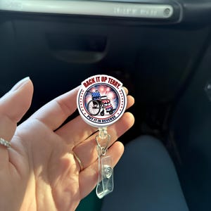 Funny 4th of July Badge Reel – &quot;Back It Up Terry&quot; Patriotic Wheelchair Clip, Fireworks Retractable ID Holder for Nurses & Staff