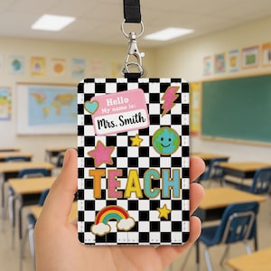 Porte-badge pour enseignant, carte d'identité personnalisée avec porte-nom, lanière pour la rentrée scolaire, joli accessoire de classe à carreaux pour enseignant