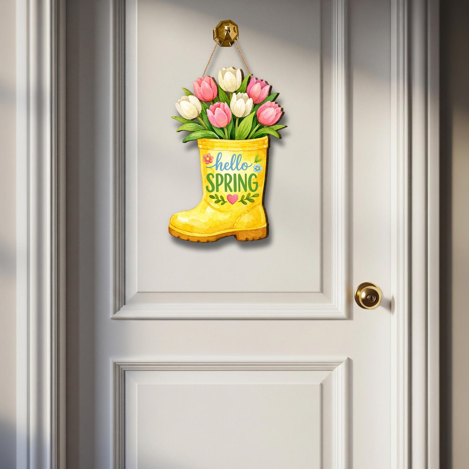 Wooden Spring Door Sign: Boot-shaped Floral Wall Hanging With Tulips ...