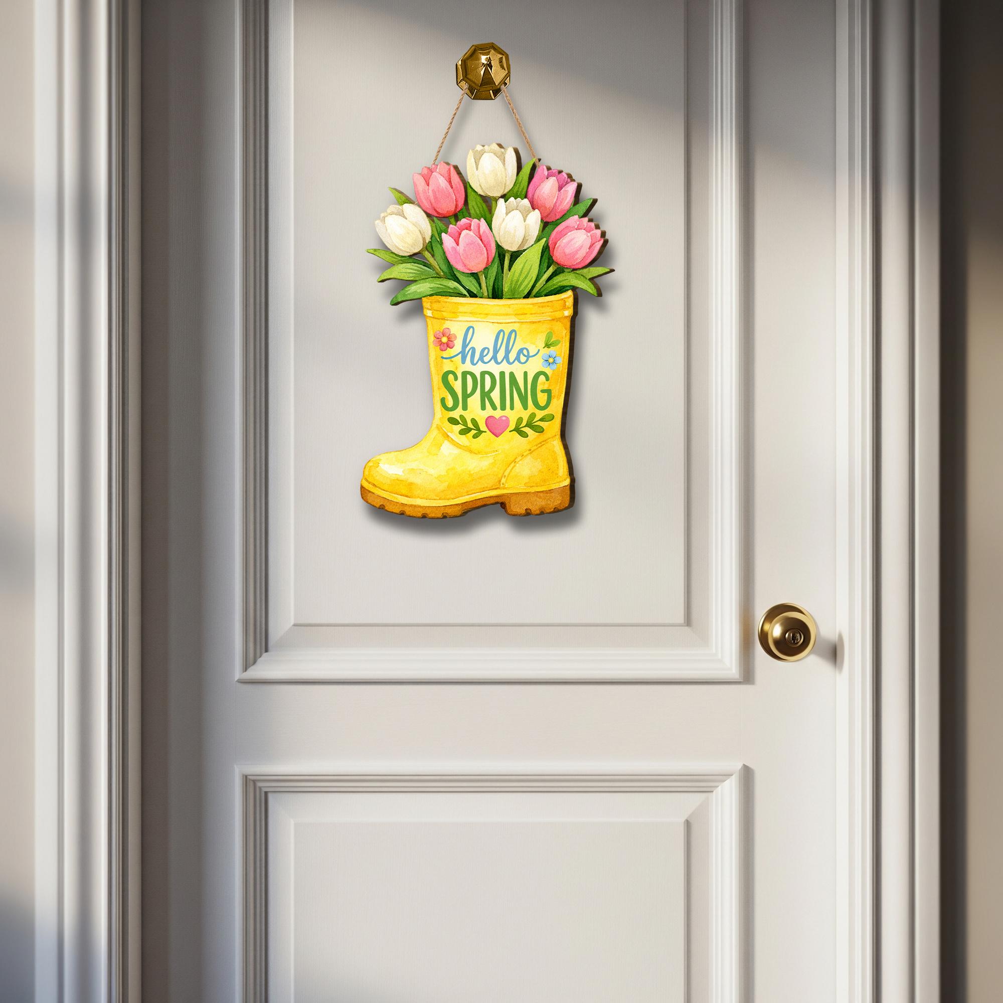 Spring Buckle Sign Wooden Spring Door Sign: Boot-shaped Floral Wall Hanging With Tulips ...