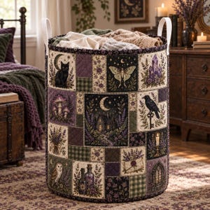 May include: A cylindrical fabric laundry hamper with two white handles, featuring a quilted patchwork design of various illustrations including a black cat, a moth, crystals, a crow on a key, an owl, a cottage, mushrooms, and lavender.