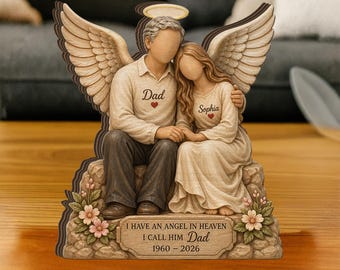 Personalized Wooden Block: Angel Father Daughter Memorial Figure, Name Date Print, Remembrance Table Decor