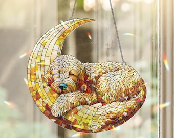 Attrape-soleil hologramme doré : décoration acrylique chien lune à accrocher à la fenêtre