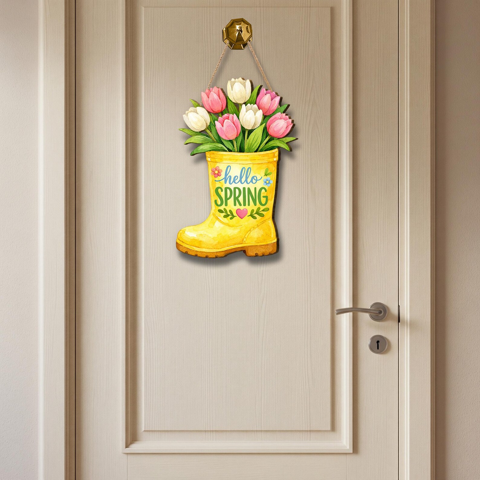 Wooden Spring Door Sign: Boot-shaped Floral Wall Hanging With Tulips ...
