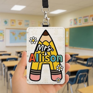 Porta credencial de profesor personalizado, etiqueta de identificación con lápiz y letra, cordón de cuero personalizado, bonito regalo para la vuelta al cole, accesorio para el aula