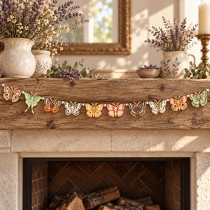 May include: A decorative garland featuring a series of ten distinct moth-shaped ornaments in various colors including green, orange, yellow, pink, and brown, strung together with small white beads along a thin cord.