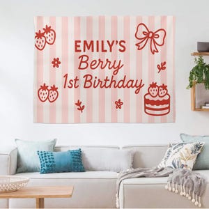 Berry First Birthday Banner - Custom Strawberry 1st Birthday Tapestry for Girls - Personalized Pink Party Backdrop Decor