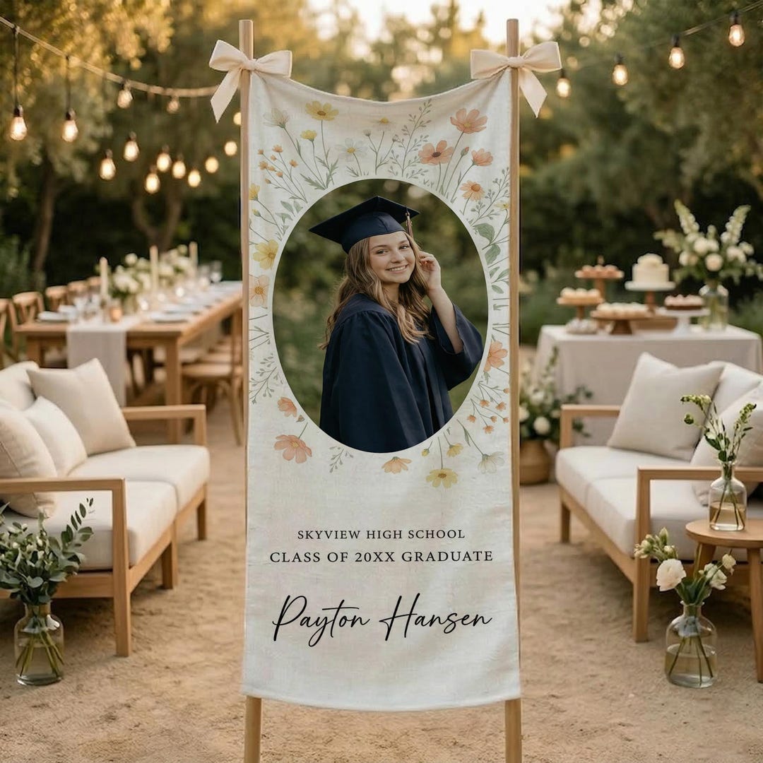 Spring Graduation Banner Personalized Graduation Banner: Floral Photo Vertical School Party Sign ...