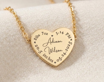 Gepersonaliseerde gegraveerde hartketting, hanger geboortestatistieken, aangepaste babygegevenssieraden