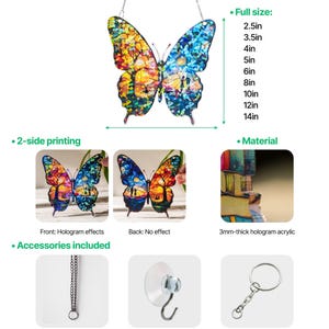 Peut inclure: Un ornement papillon de forme personnalis&eacute;e avec un effet hologramme en verre bris&eacute;. Fabriqu&eacute; en acrylique hologramme de 3 mm d'&eacute;paisseur. Les accessoires incluent une cha&icirc;ne en m&eacute;tal, une ventouse et un anneau. Tailles de 2,5 &agrave; 14 pouces.