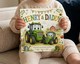 May include: A children's book titled "HENRY & DADDY" featuring illustrations of green tractors, a red barn, and a hay bale. The book is held by a child. The text "Made With Love by Henry Williams Age 2" is also visible.