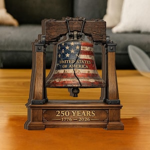 May include: A decorative bell ornament featuring the American flag design with a prominent crack down the centre. The bell is suspended in a wooden frame with the text UNITED STATES OF AMERICA on the bell and 250 YEARS 1776-2026 on the base.