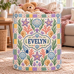 Könnte beinhalten: Ein Stoffaufbewahrungskorb mit gestepptem Design, buntem Patchwork-Rand und einem Mittelteil, der mit gestickten Muscheln, Seesternen, Korallen und Seetang verziert ist. Der Name EVELYN ist in der Mitte in Blau aufgedruckt.