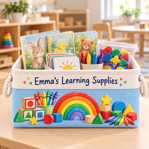 May include: A light blue fabric storage bin with rope handles, featuring the text "Emma's Learning Supplies" and colourful graphics of a rainbow, wooden blocks, and crayons. The bin is filled with children's books, flashcards, and crayons.