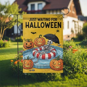 May include: A yellow Halloween garden flag with the text "JUST WAITING FOR HALLOWEEN". The flag features a skeleton in a pool float, surrounded by jack-o'-lanterns, a spider, a bat, and a spiderweb.