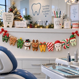 Puede incluir: Una guirnalda decorativa que presenta diez adornos individuales con forma de diente con varios temas navideños, incluyendo un diente de pan de jengibre, un muñeco de nieve, un reno y un diseño de bastón de caramelo, unidos con cuentas de madera y lazos rojos.