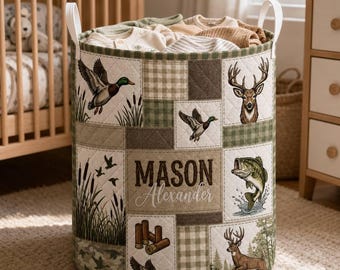 Personalized Hunting Laundry Basket, Deer Duck Fish Quilt Print with Name and Handles