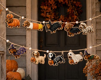 Wooden Dachshund Garland: Halloween Costumes Porch Door Seasonal Decor