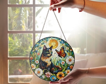 青い目の猫と蝶と花のステンドグラスアート - 気まぐれな猫の自然風景