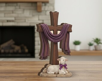 Wooden Cross Block Decor: Tabletop Christian Display with Lamb Figure, Easter Decor