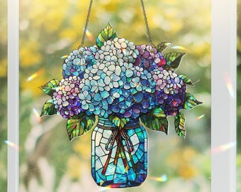 Bouquet d'hortensias en acrylique à suspendre hologramme : attrape-soleil scintillant
