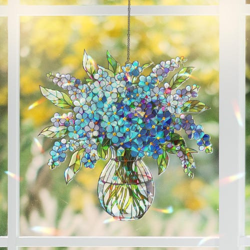 Accrochage de fenêtre hologramme en acrylique : oeuvre d'art pour bouquet myosotis