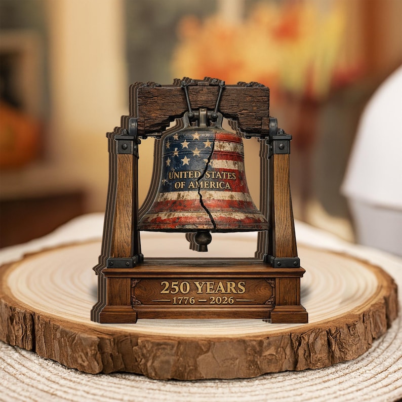 Wooden Block Liberty Bell Table Decor Patriotic Americana Historic Replica image 2