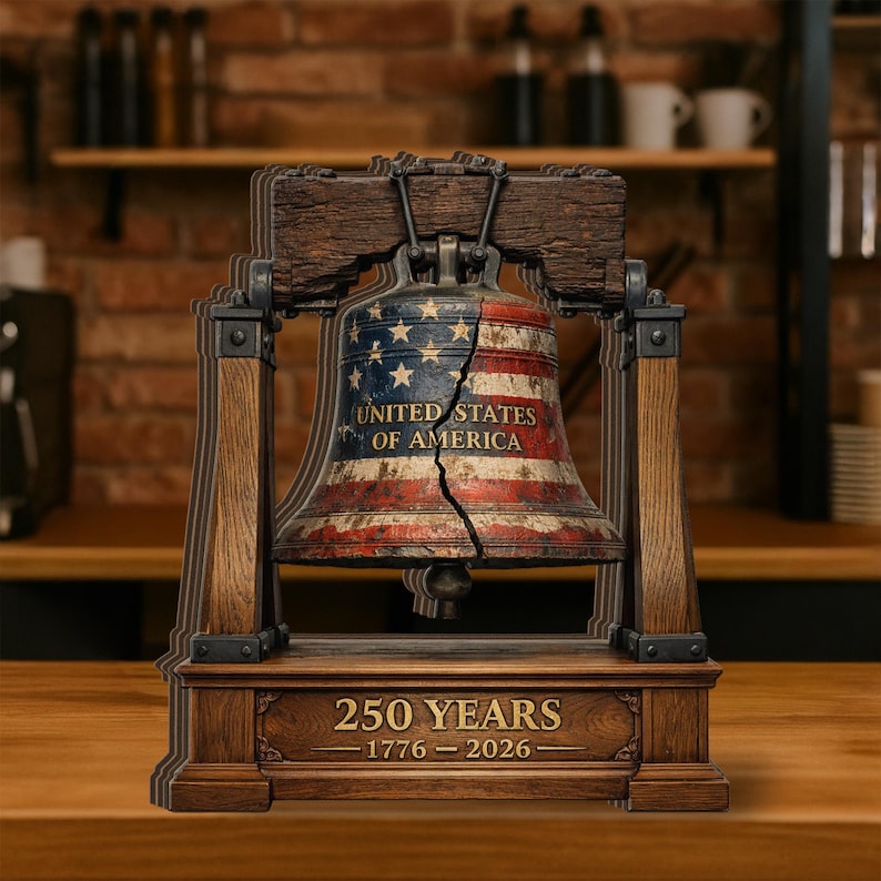 May include: A decorative Liberty Bell replica featuring a weathered American flag pattern, the text UNITED STATES OF AMERICA, and a central crack. The bell is mounted on a wooden frame with a base inscribed with 250 YEARS 1776-2026 in gold lettering.